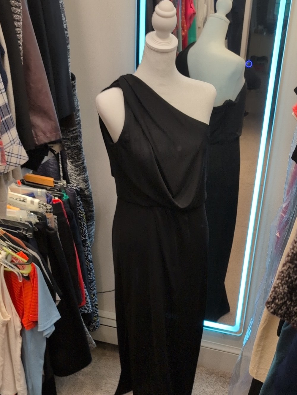 BCBGMaxAzria Black One-Shoulder Draped Evening Gown